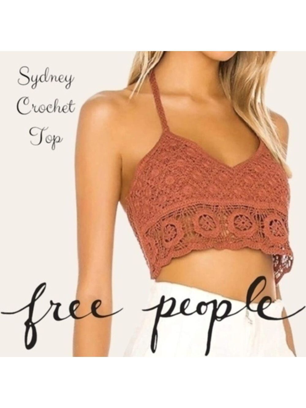 FREE PEOPLE Sydney Crochet Halter-Ties Open Back Crop Top/Bralette-Lg NWT